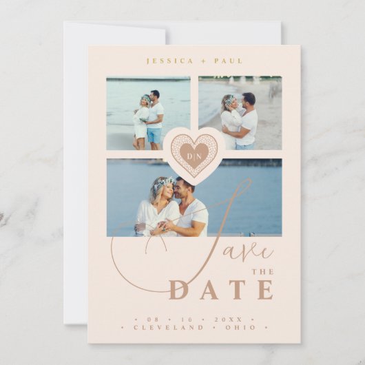 Uitmuntende Nep Kant Hart Champagne 3 Multi-Foto Save The Date (Voorkant)