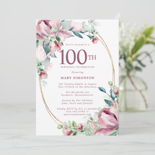 Uitmuntende Roze Mauve Bloem 100e Verjaardag Kaart (Staand voorkant)