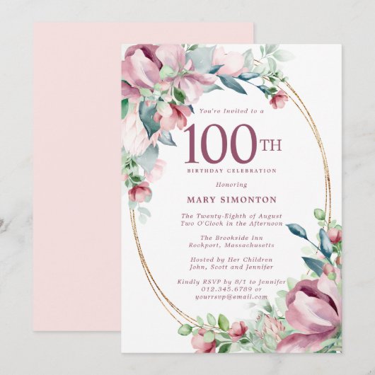 Uitmuntende Roze Mauve Bloem 100e Verjaardag Kaart (Voorkant / Achterkant)