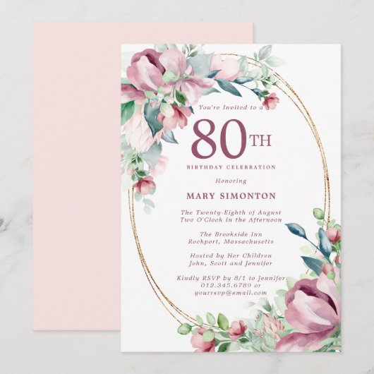 Uitmuntende Roze Mauve Bloem 80ste Verjaardag Kaart (Voorkant / Achterkant)
