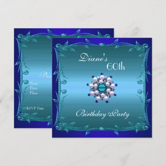Uitnodigen 60e verjaardag Blauwgroen diepblauwe Fl Kaart (Voorkant / Achterkant)