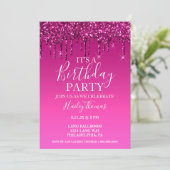Uitnodigen - Hot Pink Glitter Drip Birthday Kaart (Staand voorkant)