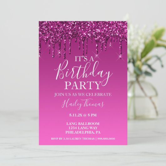 Uitnodigen - Hot Pink Glitter Drip Birthday Kaart (Staand voorkant)