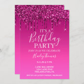 Uitnodigen - Hot Pink Glitter Drip Birthday Kaart (Voorkant / Achterkant)