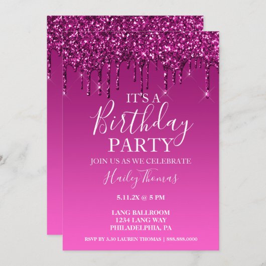 Uitnodigen - Hot Pink Glitter Drip Birthday Kaart (Voorkant / Achterkant)