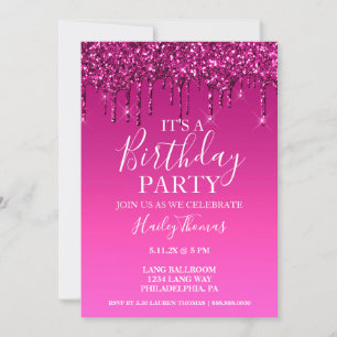 Uitnodigen - Hot Pink Glitter Drip Birthday Kaart