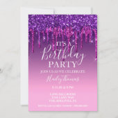 Uitnodigen - Paarse en roze glitter Drip Birthday Kaart (Voorkant)