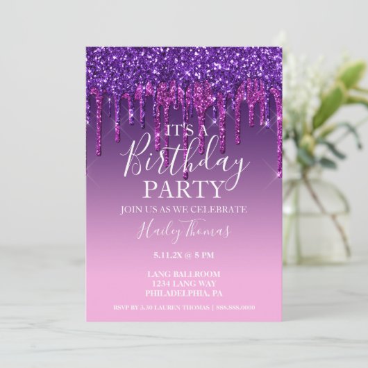 Uitnodigen - Paarse en roze glitter Drip Birthday Kaart (Staand voorkant)