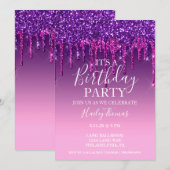 Uitnodigen - Paarse en roze glitter Drip Birthday Kaart (Voorkant / Achterkant)
