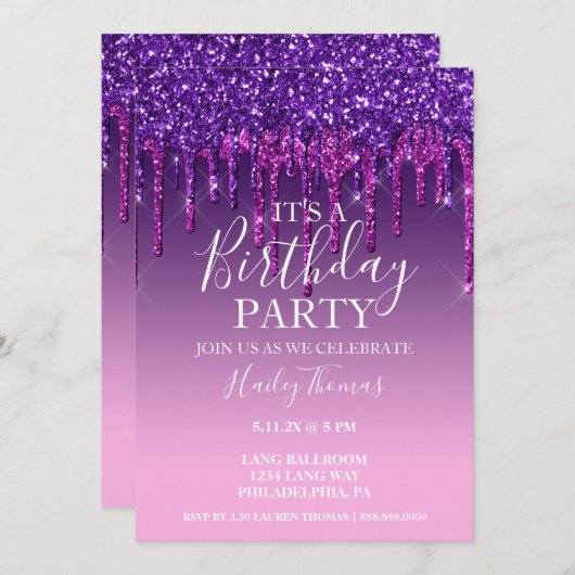 Uitnodigen - Paarse en roze glitter Drip Birthday Kaart (Voorkant / Achterkant)