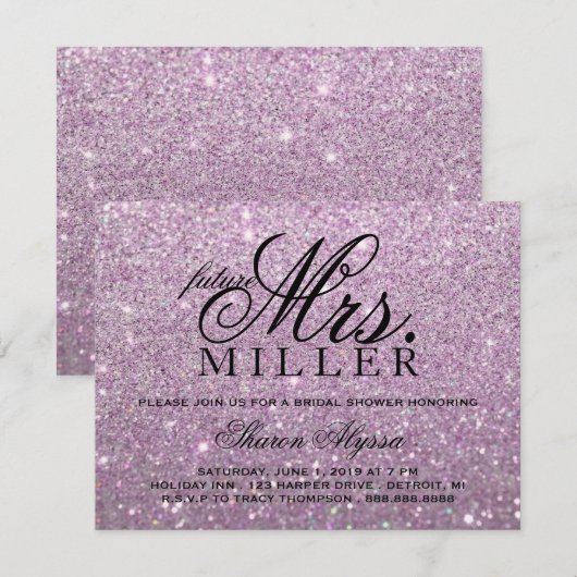 Uitnodigen - Paarse Glit Future Mw. Vrijgezellenfe Kaart (Voorkant / Achterkant)