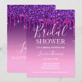 Uitnodigen - Paarse & Roze Glitter Drip Sweet Sixt Kaart (Voorkant / Achterkant)