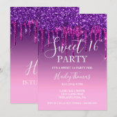 Uitnodigen - Paarse & Roze Glitter Drip Sweet Sixt Kaart (Voorkant / Achterkant)