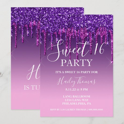 Uitnodigen - Paarse & Roze Glitter Drip Sweet Sixt Kaart (Voorkant / Achterkant)