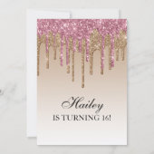 Uitnodigen - Roze & Gouden Glitter Drip Sweet Sixt Kaart (Achterkant)