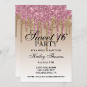 Uitnodigen - Roze & Gouden Glitter Drip Sweet Sixt Kaart (Voorkant / Achterkant)