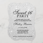 Uitnodigen - Silver Glitter Fab Sweet 16 Kaart (Voorkant / Achterkant)