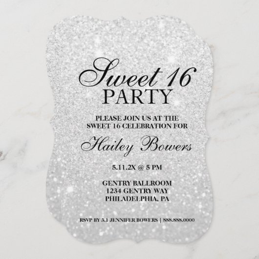 Uitnodigen - Silver Glitter Fab Sweet 16 Kaart (Voorkant / Achterkant)