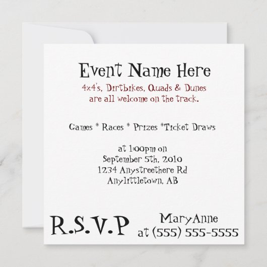 Uitnodigen voor Mudfest vuile Dunebuggy 4x4 racing Kaart (Achterkant)