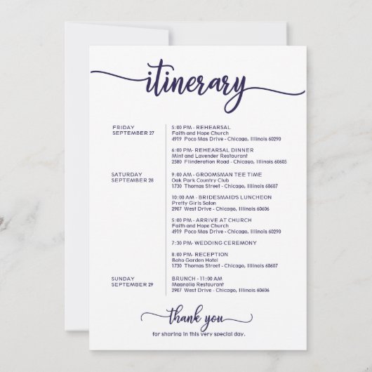 Uitnodigend bruiloftsweekendprogramma chic navybla kaart (Achterkant)