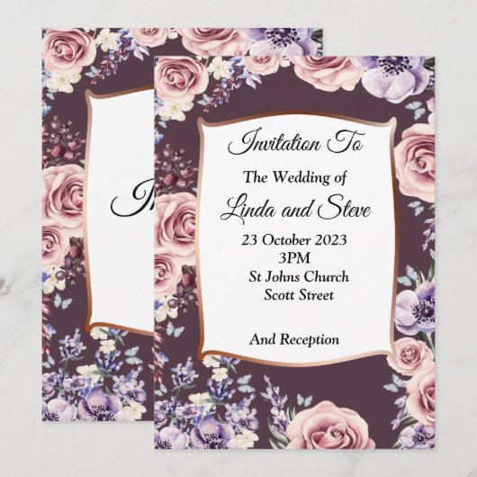 Uitnodigend trouwfeest, rozen, koper kaart (Voorkant / Achterkant)