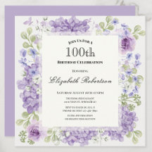 Uitnodiging 100ste verjaardag Elegante paarse bloe