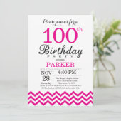 Uitnodiging 100ste verjaardag hete roze Chevron (Staand voorkant)
