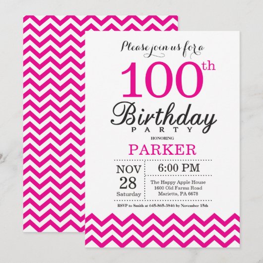 Uitnodiging 100ste verjaardag hete roze Chevron (Voorkant / Achterkant)