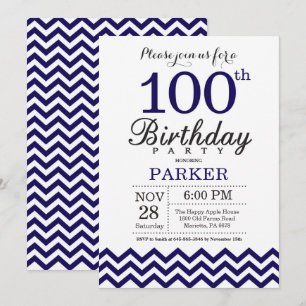 Uitnodiging 100ste verjaardag Navy Blauwe Chevron