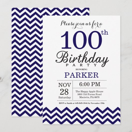 Uitnodiging 100ste verjaardag Navy Blauwe Chevron (Voorkant / Achterkant)