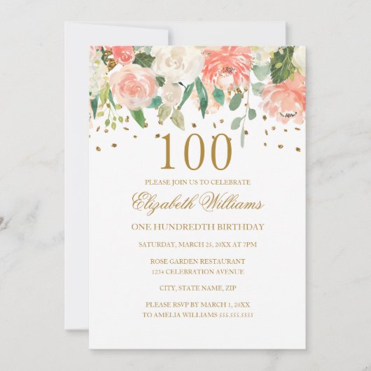 Uitnodiging 100ste verjaardag Peach Gold Bloemen (Voorkant)