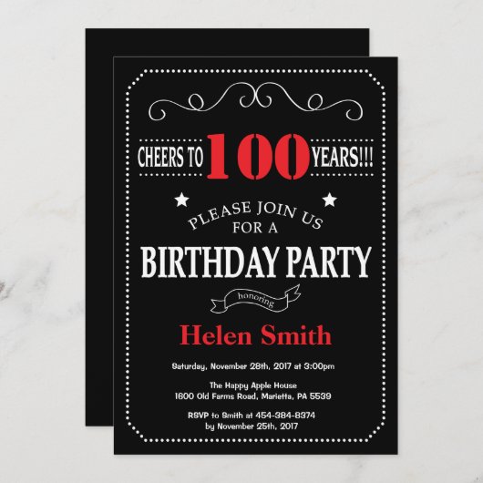 Uitnodiging 100ste verjaardag Rood en Zwart School (Voorkant / Achterkant)