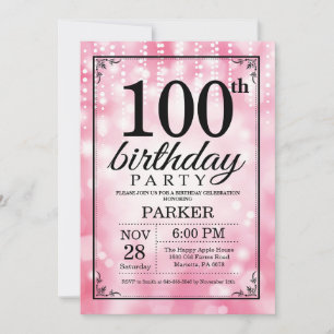 Uitnodiging 100ste verjaardag Roze Glitters