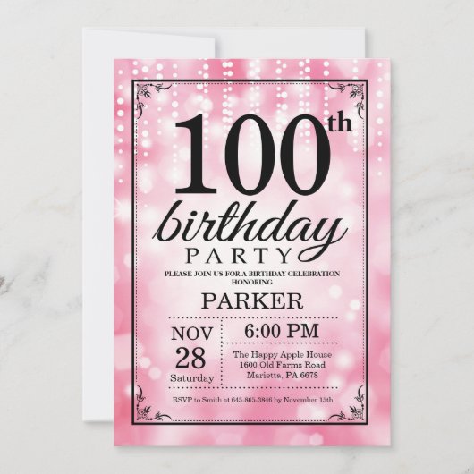 Uitnodiging 100ste verjaardag Roze Glitters (Voorkant)