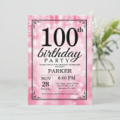 Uitnodiging 100ste verjaardag Roze Glitters (Staand voorkant)