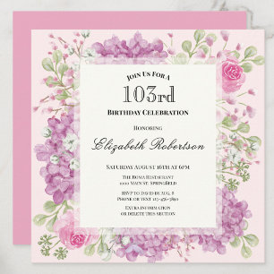 Uitnodiging 103e verjaardag Elegante Roze Bloemen