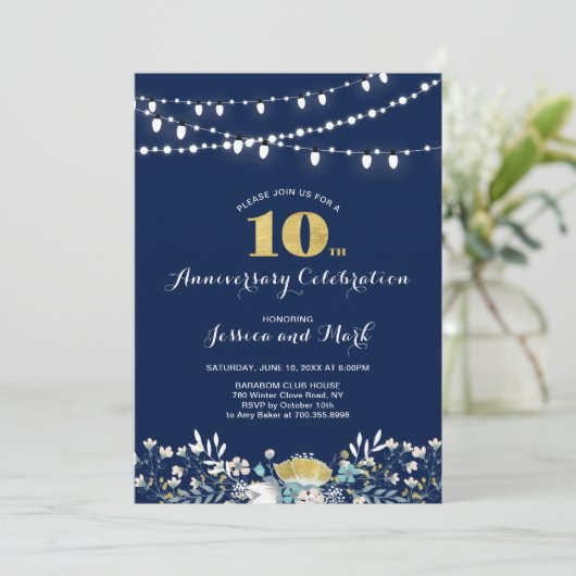 Uitnodiging 10-jarig huwelijksjubileum in Navy & G (Staand voorkant)