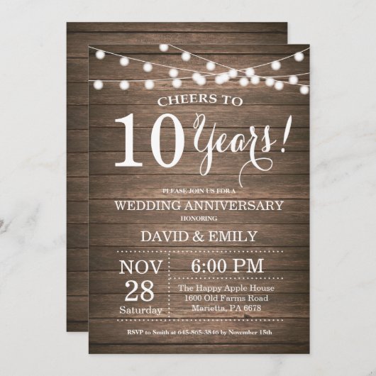 Uitnodiging 10-jarig huwelijksjubileum Rustieke ho (Voorkant / Achterkant)