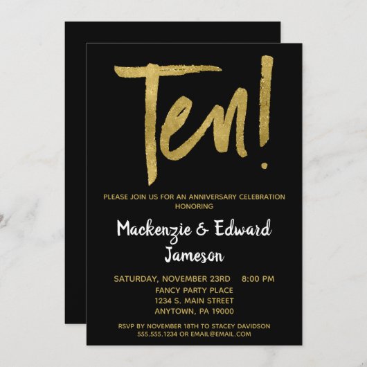 Uitnodiging 10-jarig jubileum Black Gold Script (Voorkant / Achterkant)
