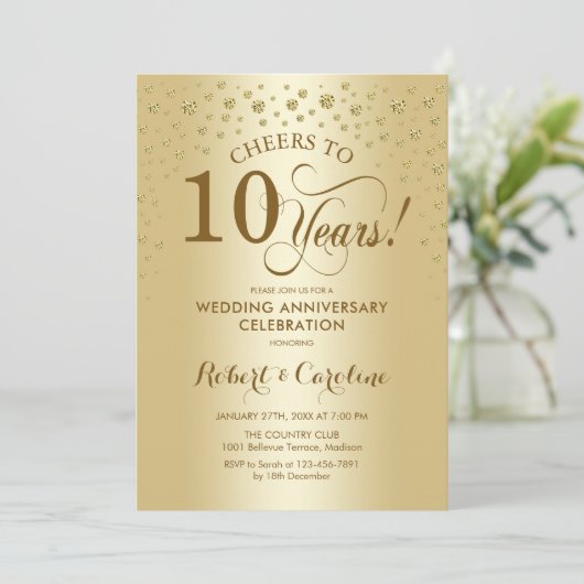 Uitnodiging 10-jarig jubileumfeest Goud (Staand voorkant)