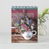 Uitnodiging 10e trouwdag vintage theepot (Staand voorkant)