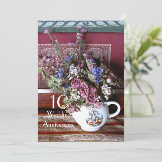 Uitnodiging 10e trouwdag Vintage theepot (Staand voorkant)