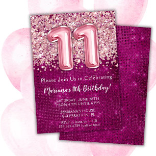 Uitnodiging 11e verjaardag meisje magenta roze gli