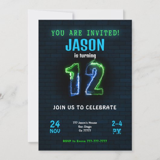 Uitnodiging 12e verjaardag jongen (Voorkant)