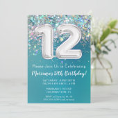 Uitnodiging 12e verjaardag turquoise zilver glitte (Staand voorkant)
