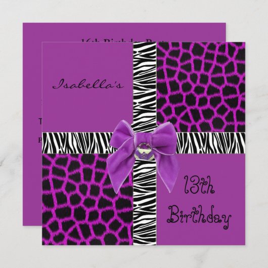 Uitnodiging 13e tiende verjaardag Wilde Paarse Die (Voorkant / Achterkant)