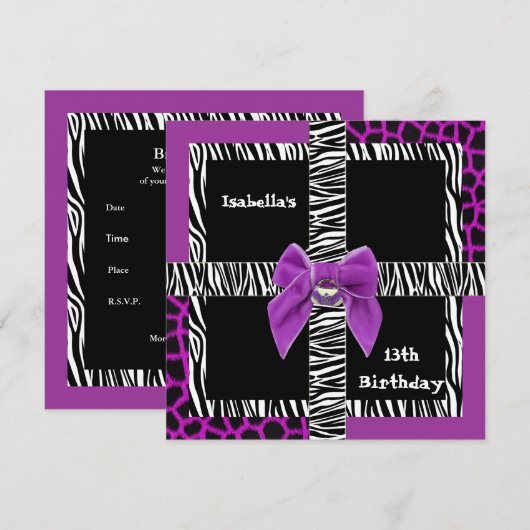 Uitnodiging 13e tiende verjaardag Wilde Paarse Die (Voorkant / Achterkant)
