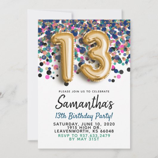 Uitnodiging 13e verjaardag gouden confetti (Voorkant)