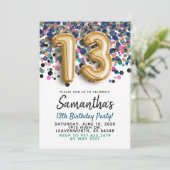 Uitnodiging 13e verjaardag gouden confetti (Staand voorkant)