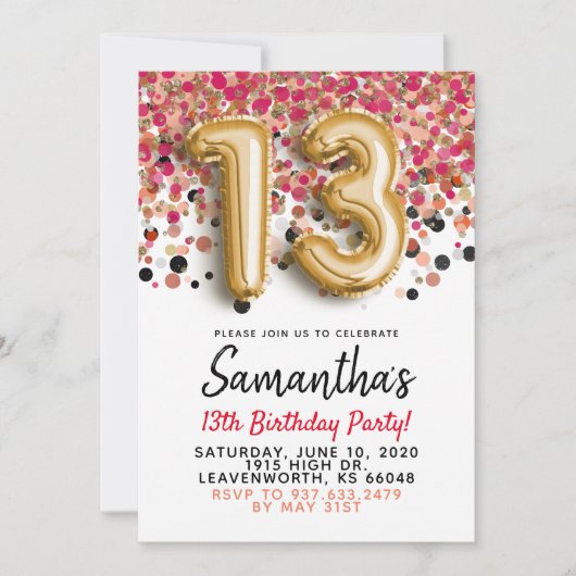 Uitnodiging 13e verjaardag gouden confetti (Voorkant)